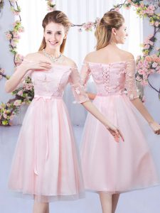 Off The Shoulder Half Sleeves Lace Up Dama Dress for Quinceanera Baby Pink Tulle