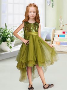 Smart Olive Green Organza Zipper Scoop Sleeveless High Low Flower Girl Dress Sequins and Bowknot