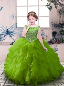 Dramatic Scoop Sleeveless Little Girls Pageant Gowns Floor Length Beading Green Organza