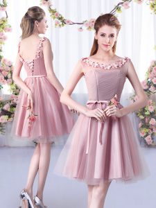 Fancy Scoop Sleeveless Quinceanera Court Dresses Knee Length Appliques and Belt Pink Tulle