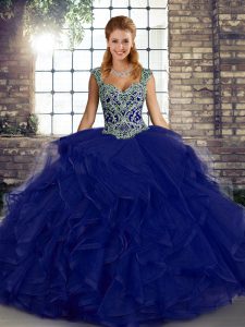Fantastic Purple Lace Up Straps Beading and Ruffles Quinceanera Gown Tulle Sleeveless