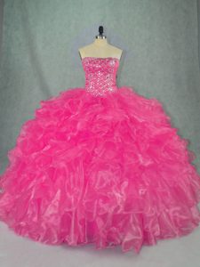 Beading and Ruffles Quinceanera Gown Hot Pink Lace Up Sleeveless Floor Length