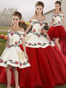 Fine White And Red Off The Shoulder Neckline Embroidery Quinceanera Dress Sleeveless Lace Up