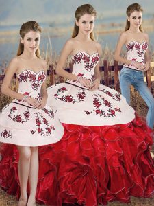 Nice White And Red Three Pieces Sweetheart Sleeveless Organza Floor Length Lace Up Embroidery and Ruffles and Bowknot Quinceanera Gowns