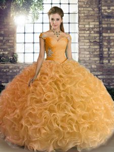 Sleeveless Floor Length Beading Lace Up Vestidos de Quinceanera with Gold