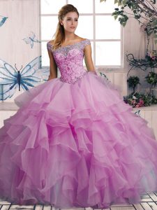 Wonderful Sleeveless Organza Floor Length Lace Up Quinceanera Gowns in Lilac with Beading and Ruffles