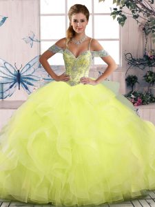 Yellow Green Side Zipper Ball Gown Prom Dress Beading and Ruffles Sleeveless Floor Length