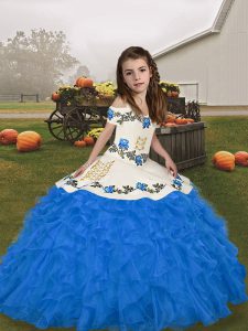 Floor Length Blue Little Girl Pageant Gowns Straps Sleeveless Lace Up