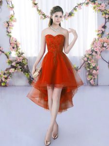 Fashionable Rust Red Lace Up Quinceanera Court of Honor Dress Lace Sleeveless High Low