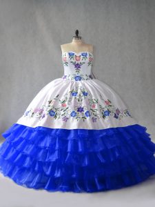 Top Selling Royal Blue Sweetheart Neckline Embroidery and Ruffled Layers 15th Birthday Dress Sleeveless Lace Up