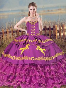 Purple Sleeveless Embroidery and Ruffles Lace Up Quinceanera Gown
