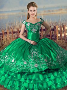 Modest Green Ball Gowns Embroidery and Ruffled Layers Quinceanera Gowns Lace Up Organza Sleeveless Floor Length