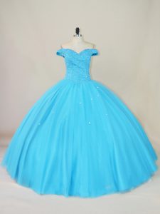Ball Gowns Vestidos de Quinceanera Blue Off The Shoulder Tulle Sleeveless Floor Length Lace Up