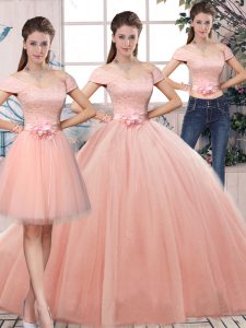 Dazzling Short Sleeves Tulle Floor Length Lace Up 15 Quinceanera Dress in Pink with Lace and Hand Made Flower