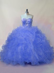 Sweet Sleeveless Organza Floor Length Lace Up Quinceanera Gowns in Blue with Beading and Ruffles