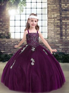 New Arrival Eggplant Purple Tulle Lace Up Pageant Dress for Teens Sleeveless Floor Length Appliques