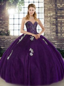 Simple Sweetheart Sleeveless Sweet 16 Dresses Floor Length Beading and Appliques Purple Tulle