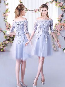Grey Half Sleeves Tulle Lace Up Quinceanera Court of Honor Dress for Wedding Party