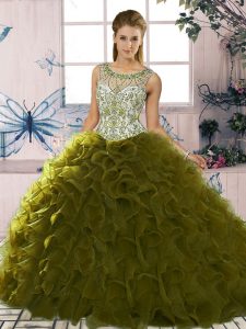 Suitable Floor Length Olive Green 15 Quinceanera Dress Scoop Sleeveless Lace Up