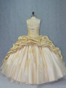 Custom Designed Ball Gowns Sleeveless Champagne Quince Ball Gowns Brush Train Lace Up