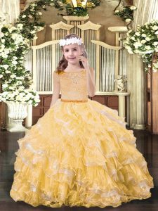 Super Gold Zipper Pageant Gowns For Girls Beading and Ruffled Layers Sleeveless Floor Length