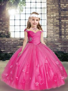Exquisite Hot Pink Straps Lace Up Beading and Hand Made Flower Little Girl Pageant Gowns Sleeveless