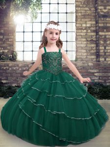 Luxurious Peacock Green Pageant Gowns For Girls Party and Sweet 16 and Wedding Party with Beading Straps Sleeveless Lace Up