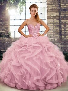 Pink Sweetheart Neckline Beading and Ruffles 15th Birthday Dress Sleeveless Lace Up