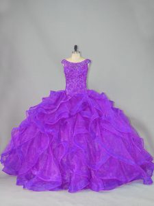 Wonderful Purple Scoop Lace Up Beading and Ruffles Quince Ball Gowns Brush Train Sleeveless