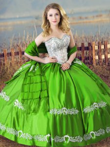 Hot Sale Sleeveless Satin Floor Length Lace Up Quinceanera Gown in Green with Beading and Embroidery