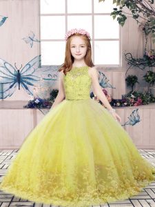 Dramatic Yellow Green Tulle Backless Kids Pageant Dress Sleeveless Floor Length Lace and Appliques