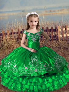 Enchanting Floor Length Green Little Girls Pageant Dress Wholesale Satin and Organza Sleeveless Embroidery and Ruffled Layers