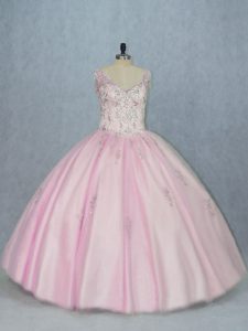 Hot Selling V-neck Sleeveless Tulle Quinceanera Gown Beading and Appliques Backless