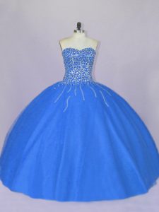 Exceptional Ball Gowns Vestidos de Quinceanera Blue Sweetheart Tulle Sleeveless Floor Length Lace Up