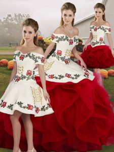 Fancy White And Red Lace Up 15 Quinceanera Dress Embroidery and Ruffles Sleeveless Floor Length