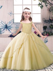 Ball Gowns Little Girls Pageant Gowns Champagne Off The Shoulder Tulle Sleeveless Floor Length Lace Up