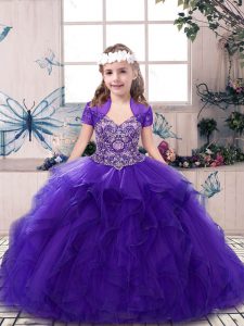 Tulle Straps Sleeveless Lace Up Beading Child Pageant Dress in Purple