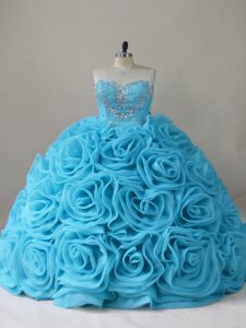 Charming Baby Blue Fabric With Rolling Flowers Side Zipper Vestidos de Quinceanera Sleeveless Brush Train Beading
