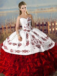 Embroidery and Ruffles Sweet 16 Dresses White And Red Lace Up Sleeveless Floor Length