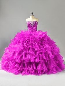 Traditional Purple Organza Lace Up Sweet 16 Dresses Sleeveless Floor Length Beading and Ruffles and Sequins