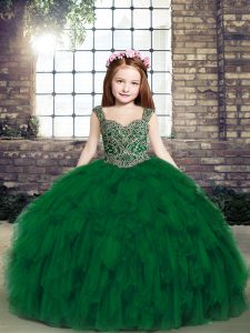 Excellent Sleeveless Floor Length Beading and Ruffles Lace Up Pageant Gowns For Girls with Dark Green