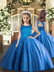 Modern Blue Tulle Lace Up Scoop Sleeveless Floor Length Child Pageant Dress Beading