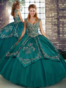 Affordable Tulle Straps Sleeveless Lace Up Beading and Embroidery Quinceanera Gown in Teal