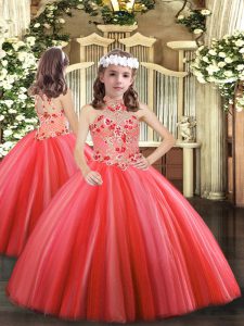 Appliques Little Girls Pageant Dress Wholesale Coral Red Lace Up Sleeveless Floor Length