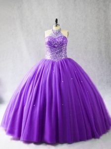 Dazzling Ball Gowns Vestidos de Quinceanera Purple Halter Top Tulle Sleeveless Floor Length Lace Up