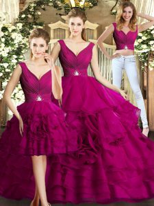 Low Price Fuchsia Sleeveless Beading and Ruffles Floor Length Sweet 16 Dress