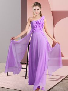 Fashion Floor Length Lavender Damas Dress One Shoulder Sleeveless Lace Up