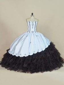 Hot Sale Floor Length White And Black 15 Quinceanera Dress Satin and Organza Sleeveless Embroidery and Ruffled Layers