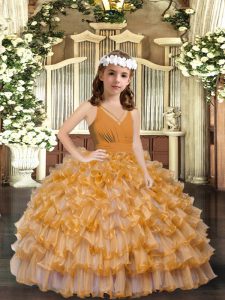 V-neck Sleeveless Little Girls Pageant Gowns Floor Length Ruffles and Ruffled Layers Gold Organza