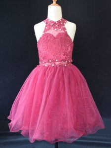 Chic Hot Pink A-line Halter Top Sleeveless Organza Mini Length Lace Up Beading and Lace Flower Girl Dresses